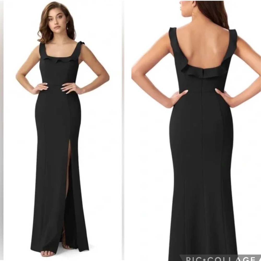 NWT Azazie Samantha Black Ruffle Neck Maxi Sheath Dress Sz 6